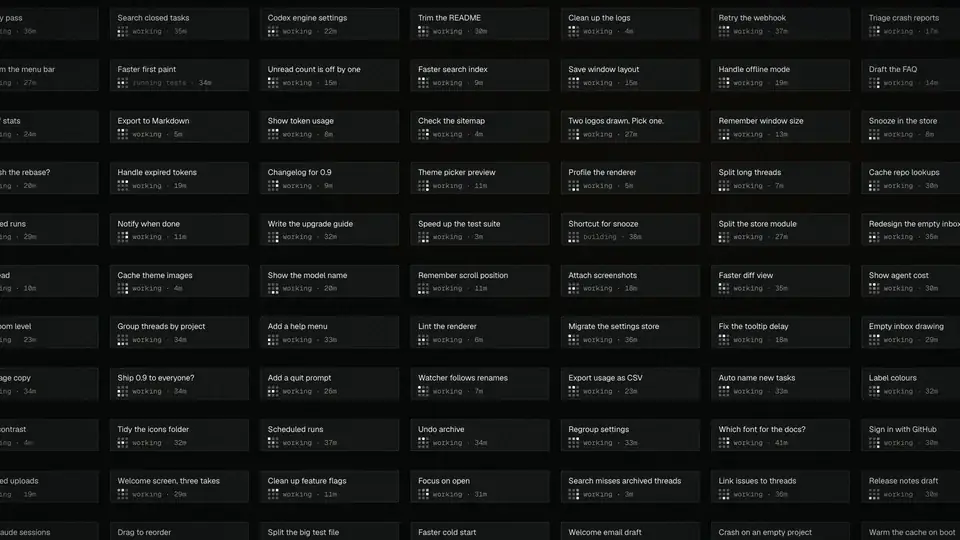 A grid of more than a hundred agent rows, each with a task title and how long it has been working