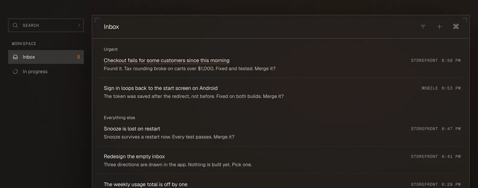 Finished agents as rows, each saying what it did and asking to merge, with urgent ones grouped at the top